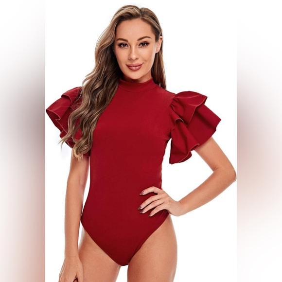 soly hux Tops - Mock Neck Burgundy Butterfly Sleeve Skinny Bodysuit